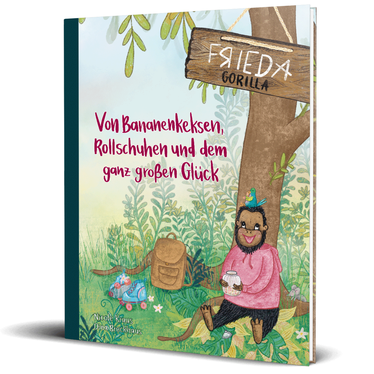 Frieda Gorilla - Von Bananenkeksen, Rollschuhen und dem ganz großen Glück Auf dem Bild ist das Cover vom ersten Bilderbuch der Autorin Nicole Kraus zu sehen.